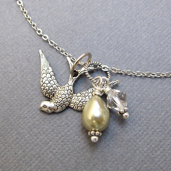 Bird Necklace with Pearl and Crystal Charms