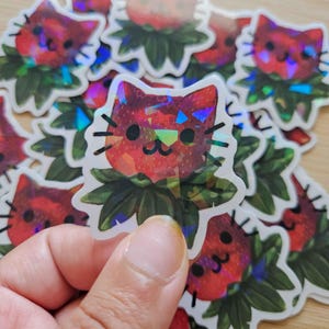 Holographic Luscious Strawberry Cat - Cute Strawberry Sticker | Aesthetic Fruit Decor | Fruit Stationery