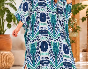 Blue Green Kaftan Dress for Women, Boho Maxi Dress, Printed V Neck Kaftan, Loose Long Dress, Beach Cover Up, Resort Vacation Wear