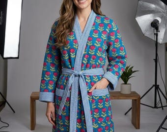 Teal Blue Floral Quilted Cotton Kimono Robe | Red Block Print Dressing Gown | Handmade Jaipuri Spa Bathrobe with Belt