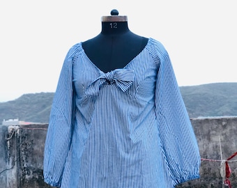 Blue White Striped Cotton Peplum Top | Tie-Front V-Neck, Balloon Sleeves, Boho Style