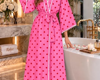 Pink Polka Dot Kimono Robe | Long Cotton Kimono | Bridesmaid Robe | Maternity Robe | Pink Dot Print Robe | Getting Ready Robe | Gift For Her