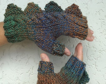 Womens fingerless mittens Dragon, dinosaur, monster, blue, brown, green tones ombré 100% pure wool, medium female adult size