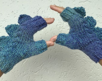 Wool fingerless mittens Dragon, dinosaur, monster blue ombré 100% pure Australian wool,medium female adult's size