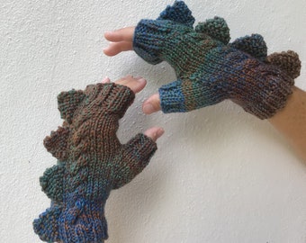 Womens fingerless mittens Dragon, dinosaur, monster, blue, brown, green tones ombré 100% pure wool, medium female adult size