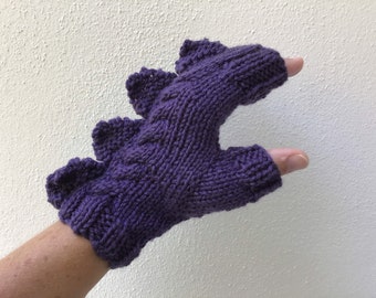 Purple pure wool fingerless mittens dinosaur dragon monster Medium female adult