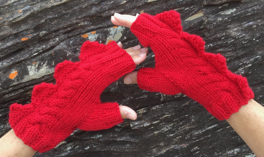 Dinosaur Gloves, Dragon Mittens, Monster Red Fingerless Mittens. Very Soft Pure Wool. Medium