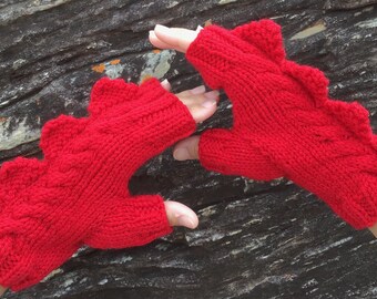 Dinosaur gloves, dragon mittens, monster red fingerless mittens. Very soft pure wool. Medium female adult size