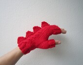 Dinosaur, dragon or monster red fingerless mittens. Very soft pure Australian wool. Medium female adult size