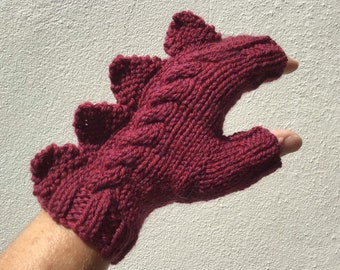 Wool fingerless mittens Dragon, dinosaur, monster rustic  plum soft 100% pure Australian wool,medium female adult