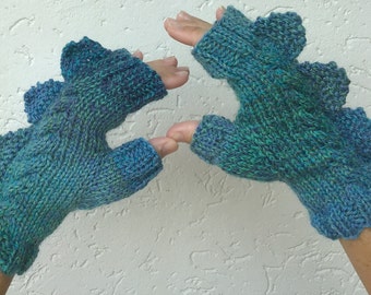 Womens knitted fingerless mittens Dragon, dinosaur, monster green blue ombré 100% pure wool, medium female adult size