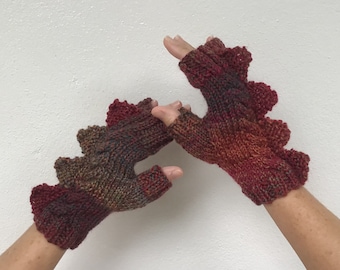 Womens fingerless mittens Dragon, dinosaur, monster rust and red shades 100% pure wool, medium female adult size winter colours