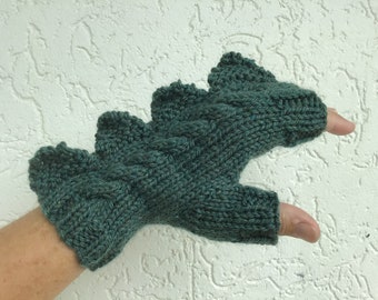 Fingerless mittens Dragon, dinosaur, monster gloves, pure soft wool medium female, rustic dark green