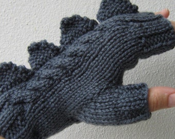 SECONDS Dragon, dinosaur, monster slate grey  fingerless mittens gloves, 100% pure wool,medium female adult's size