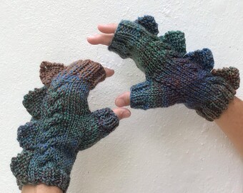 Womens fingerless mittens Dragon, dinosaur, monster  green, blue, brown tones ombré 100% pure wool, medium female adult size