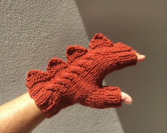 Wool fingerless mittens Dragon, dinosaur, monster rusty red orange soft 100% pure Australian wool,medium female adult