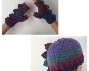 Womens fingerless mittens and matching hat set Dragon, dinosaur, monster jewel tones ombré 100% pure wool, medium female adult