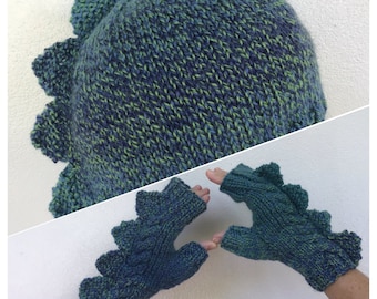 Dragon fingerless mittens and hat set, dinosaur, monster, green and blue ombre 100% pure Australian wool,medium female adult's