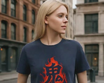 Oni Kanji Grafik-T-Shirt, Unisex japanisches Kalligraphie-T-Shirt, mutiges Dämonenmotiv, einzigartiges Geschenk, moderne Streetwear, künstlerische Freizeitkleidung
