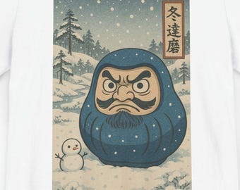 Verschneites Daruma T-Shirt, Japanisches Grafik-T-Shirt, Winterbekleidung