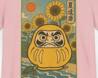 Gelbes Daruma Sonnenblume T-Shirt 2, Japanische Kunst Unisex T-Shirt, Sommer Vintage Grafik, Motivationsgeschenk, Freizeitkleidung, einzigartiger Stil