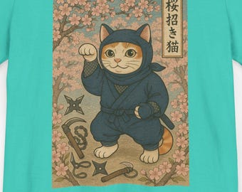 Ninja Katze Unisex T-Shirt, süßes Katzen-Shirt, lustiges grafisches T-Shirt, Tierliebhabergeschenk, japanische Kunstt-stück, Freizeitkleidung