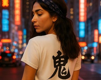 Oni Kanji T-Shirt, Japanischer Dämon Grafik T-Shirt, Streetwear