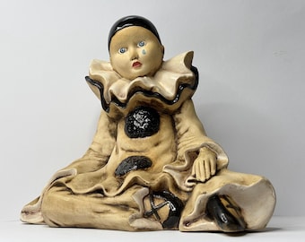 Vintage Pierrot Harlequin Ceramic, Mime French Clown, Large Ceramic Statue.