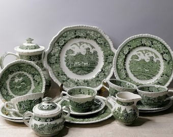 Juego de café Adams English Scenic Green Staffordshire England.