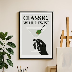 Classic &quot;With a Twist&quot; Martini Poster – Minimalist Cocktail Art – Digital Download for Bar Cart & Home Decor