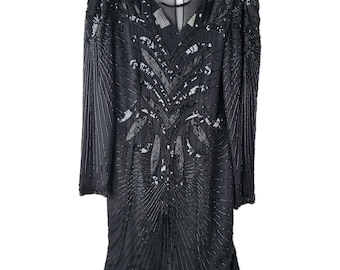 Stenay Womens Vintage Sequin Beaded Silk Dress Size 10 80s Back LS Evening