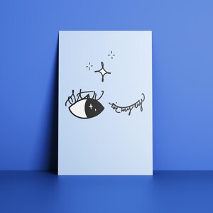 May include: A light blue poster with a minimalist eye and star design. The words "star" and "be my eye" are written in a handwritten font. Two small star illustrations are above the eye.