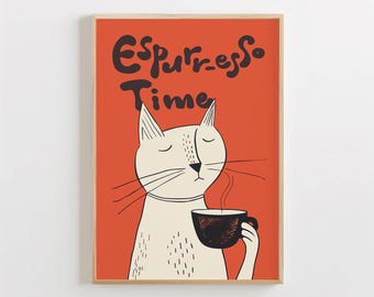 May include: A framed art print featuring a white cat holding a black coffee cup, with the words "Espurresso Time" in black lettering on a red background. The cat has closed eyes and long whiskers.