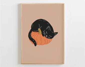 Black Cat Pumpkin Print, Minimalist Halloween Art (Digital Download)