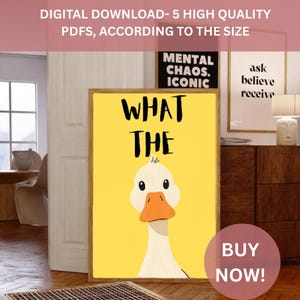 Arte mural de patos divertidos – Póster imprimible "What the Duck" – Arte humorístico con animales adorables para baño, oficina o dormitorio – Descarga digital Yellow Decor