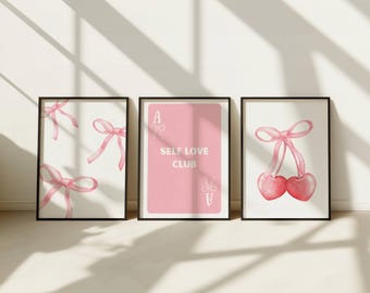 Trendiges 3er-Set Wandbilder mit rosa Schleifen, Dekoration für Studentenwohnungen, Aquarell-Schleifendruck