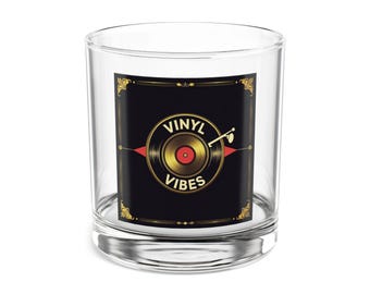 Vinyl Vibes Rocks Glass, 10oz | Music Lover&#39;s Whiskey Tumbler, Retro Barware, Gift for Vinyl Collectors, Home Decor