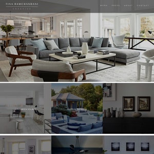 May include: A website homepage for Tina Ramchandani Creative, a design firm. The website features images of interior design projects, including a living room with a gray sectional sofa, a coffee table, and two armchairs. The website also features images of outdoor spaces, including a patio with a pool and a gazebo. The website includes the text "Greenwich Village", "Quogue Outdoor", and "Sotheby's".