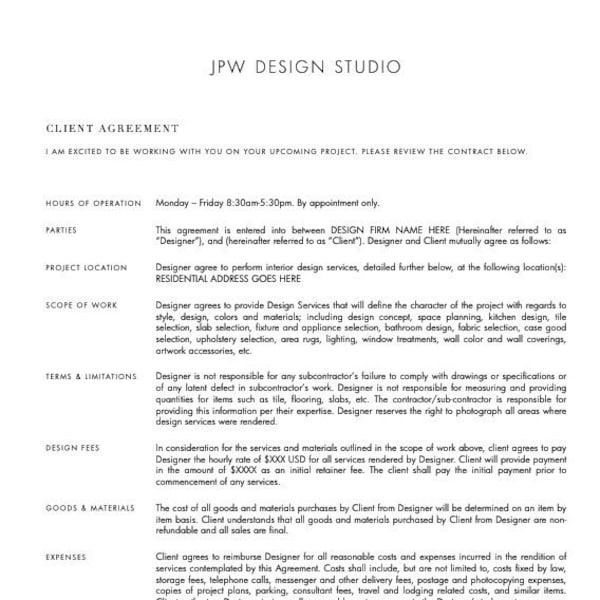 Interior Designer Contract / Agreement / Proposal Template