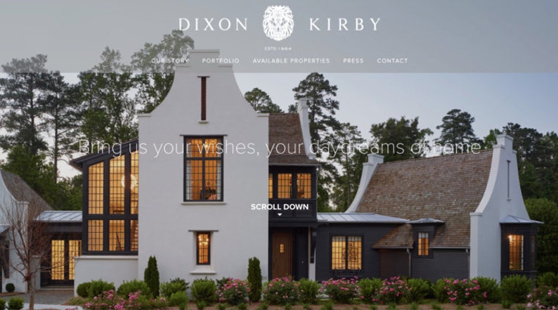 May include: A white and black two-story house with a gabled roof and large windows. The house is surrounded by lush green trees and bushes. The text "Bring us your wishes, your daydreams of home." is displayed in the foreground.