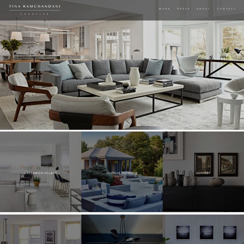 May include: A website homepage for Tina Ramchandani Creative, a design firm. The website features images of interior design projects, including a living room with a gray sectional sofa, a coffee table, and two armchairs. The website also features images of outdoor spaces, including a patio with a pool and a gazebo. The website includes the text "Greenwich Village", "Quogue Outdoor", and "Sotheby's".