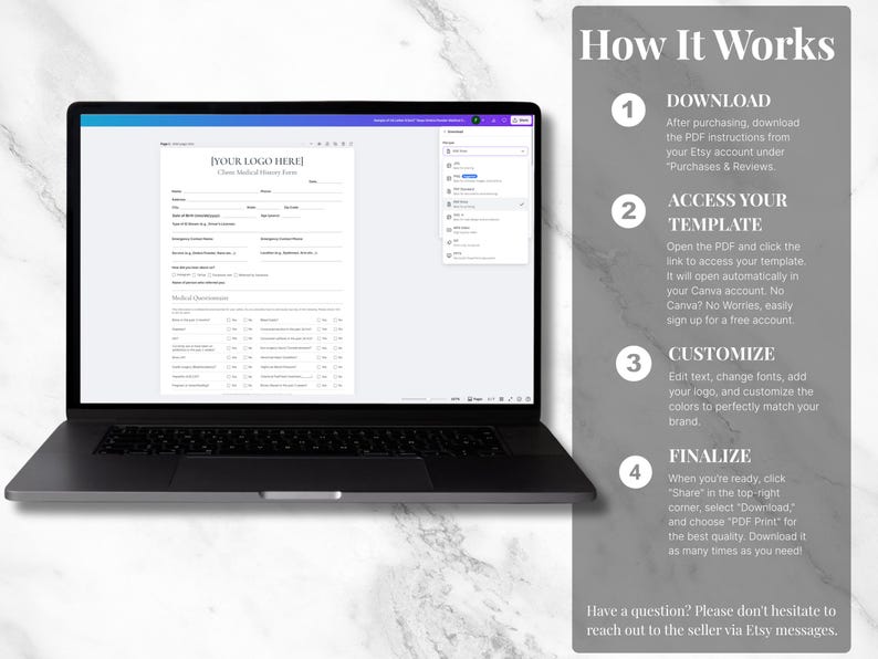 Peut inclure: Un ordinateur portable noir affiche un formulaire num&eacute;rique intitul&eacute; "Client Medical History Form" avec des champs d'informations. Une barre lat&eacute;rale affiche un menu. &Agrave; droite, un graphique explique les &eacute;tapes de t&eacute;l&eacute;chargement, d'acc&egrave;s, de personnalisation et de finalisation.