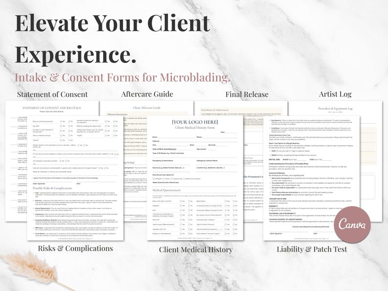 Peut inclure: Ensemble de formulaires de consentement et d'admission pour le microblading, comprenant une d&eacute;claration de consentement, un guide de soins post-traitement, une fiche m&eacute;dicale du client, une d&eacute;charge finale et un journal de l'artiste. Le texte "Elevate Your Client Experience" est en haut.