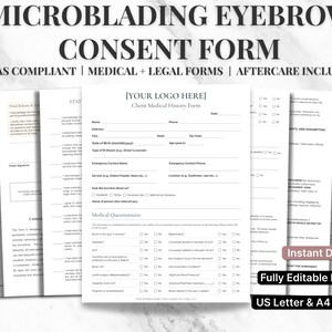 Peut inclure: Plusieurs formulaires de consentement de microblading blancs, avec le texte "MICROBLADING EYEBROW CONSENT FORM" en haut. Les formulaires comprennent des sections pour les informations du client, les ant&eacute;c&eacute;dents m&eacute;dicaux et les instructions de suivi. Le texte "TEXAS COMPLIANT | MEDICAL + LEGAL FORMS | AFTERCARE INCLUDED" est &eacute;galement visible.