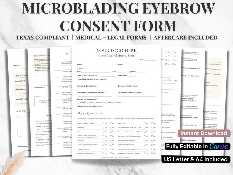 Peut inclure: Plusieurs formulaires de consentement de microblading blancs, avec le texte "MICROBLADING EYEBROW CONSENT FORM" en haut. Les formulaires comprennent des sections pour les informations du client, les ant&eacute;c&eacute;dents m&eacute;dicaux et les instructions de suivi. Le texte "TEXAS COMPLIANT | MEDICAL + LEGAL FORMS | AFTERCARE INCLUDED" est &eacute;galement visible.