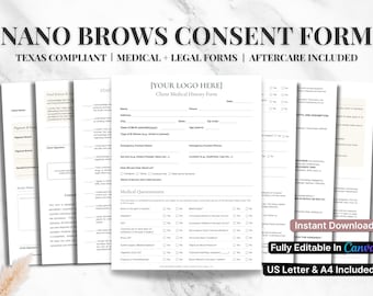 Nano Brow Consent Forms Bundle: PMU Client Intake & Aftercare (Canva Template, Digital Download)
