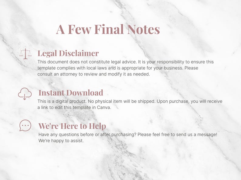 Peut inclure: Une feuille d'information sur un produit num&eacute;rique avec du texte sur un fond de marbre. Le texte comprend une clause de non-responsabilit&eacute; l&eacute;gale, des informations sur les t&eacute;l&eacute;chargements instantan&eacute;s et un message de service client.