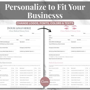 Peut inclure: Un formulaire d'anamn&egrave;se client blanc avec un en-t&ecirc;te rose indiquant &laquo; Personnalisez pour votre entreprise &raquo;. Le formulaire comprend des sections pour le nom, l'adresse et les questions d'ant&eacute;c&eacute;dents m&eacute;dicaux. Le texte &laquo; Changer les logos, les polices, les couleurs et les textes &raquo; est &eacute;galement visible.