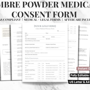 May include: A stack of white consent forms for ombre powder medical procedures. The forms include sections for client information, medical history, and consent details. The text "Texas Compliant" is visible. The forms are fully editable in Canva and include US Letter and A4 sizes.