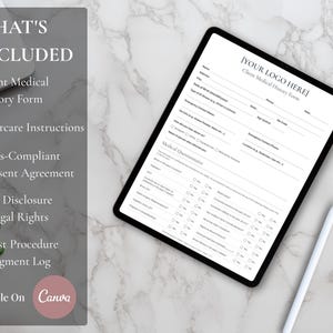 Peut inclure: Une tablette num&eacute;rique affiche un formulaire d'ant&eacute;c&eacute;dents m&eacute;dicaux pour le client, avec un stylo &agrave; proximit&eacute;. La tablette est sur une surface en marbre, avec une liste d'&eacute;l&eacute;ments inclus.